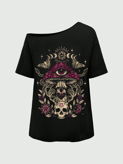 ROMWE Goth Spring/Summer Plus Size Women Plus Size Distressed Mushroom Skull Eye Print One Shoulder T-Shirt