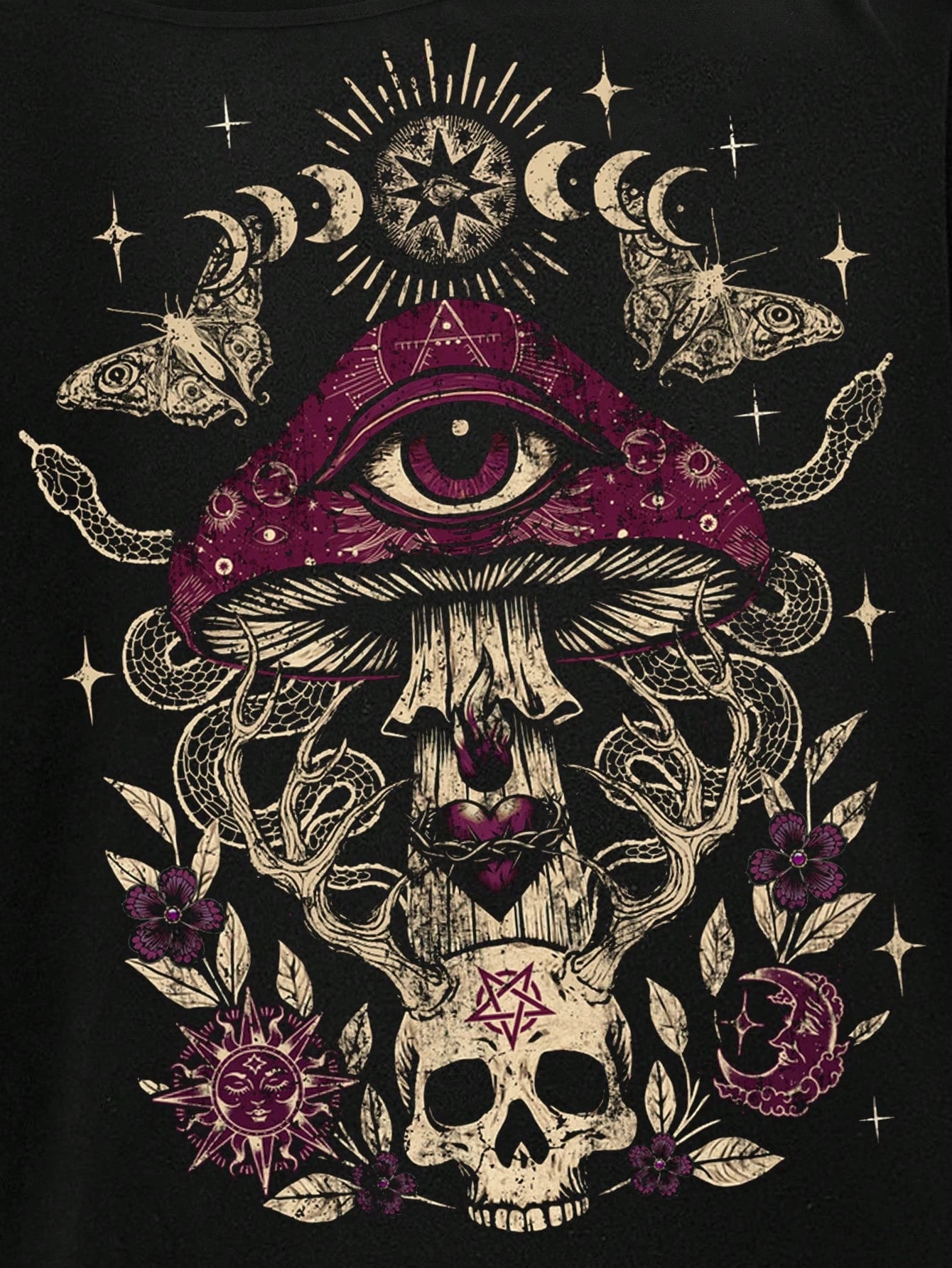 ROMWE Goth Spring/Summer Plus Size Women Plus Size Distressed Mushroom Skull Eye Print One Shoulder T-Shirt