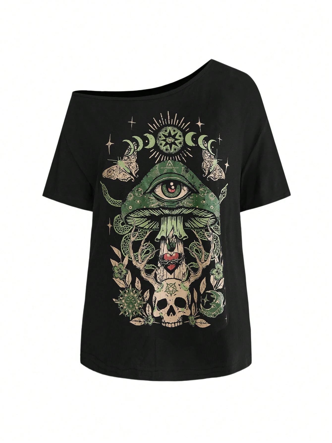 ROMWE Goth Spring/Summer Plus Size Women Plus Size Distressed Mushroom Skull Eye Print One Shoulder T-Shirt