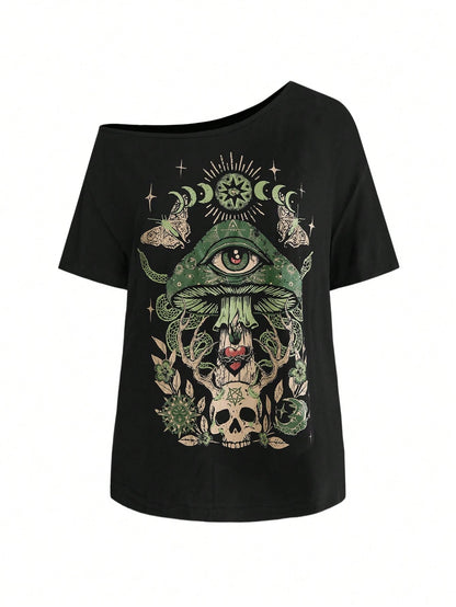 ROMWE Goth Spring/Summer Plus Size Women Plus Size Distressed Mushroom Skull Eye Print One Shoulder T-Shirt