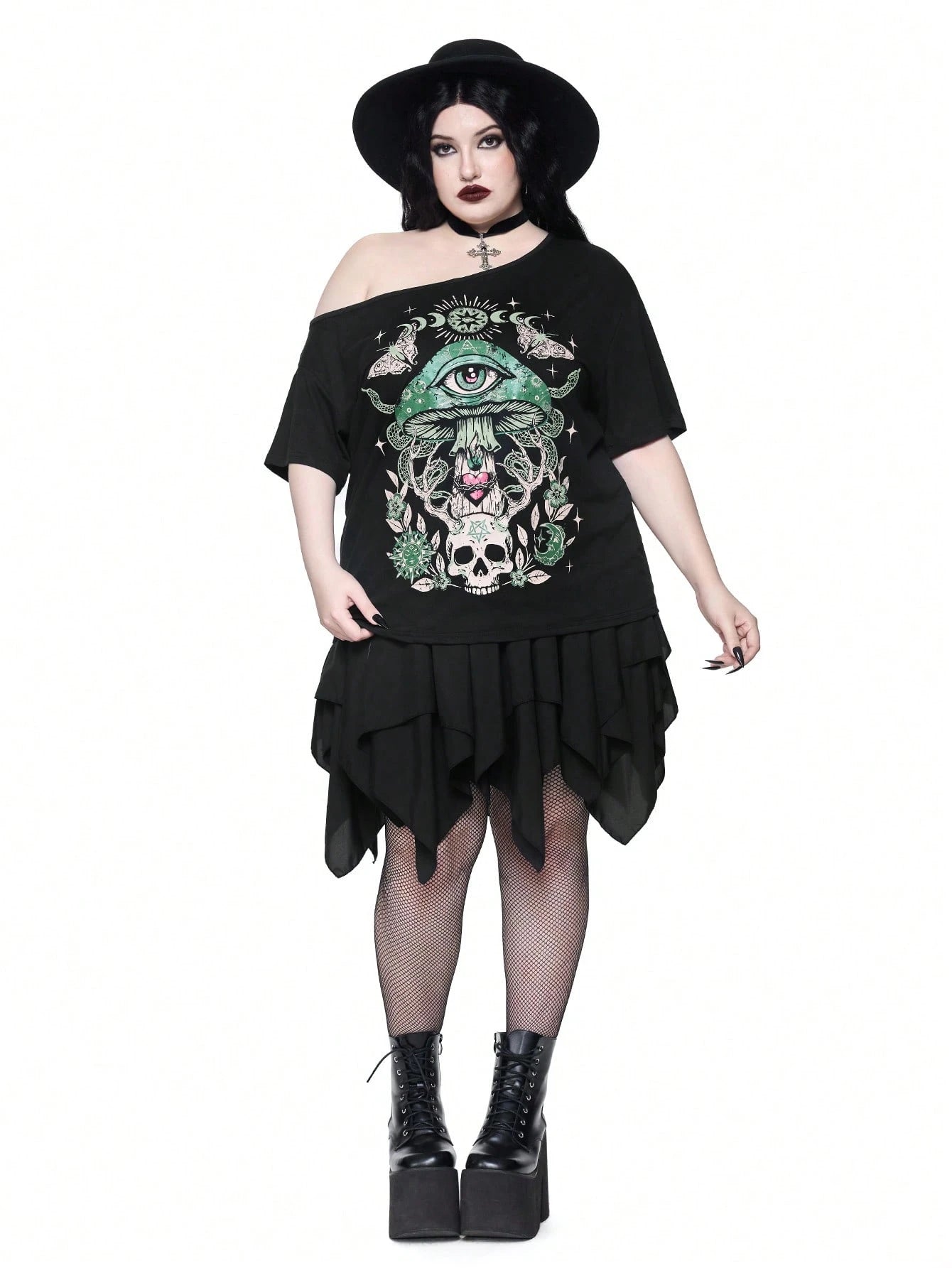 ROMWE Goth Spring/Summer Plus Size Women Plus Size Distressed Mushroom Skull Eye Print One Shoulder T-Shirt