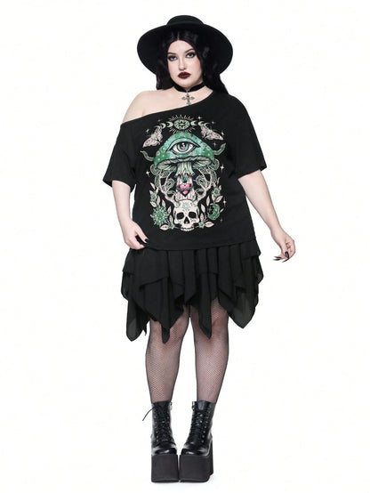 ROMWE Goth Spring/Summer Plus Size Women Plus Size Distressed Mushroom Skull Eye Print One Shoulder T-Shirt