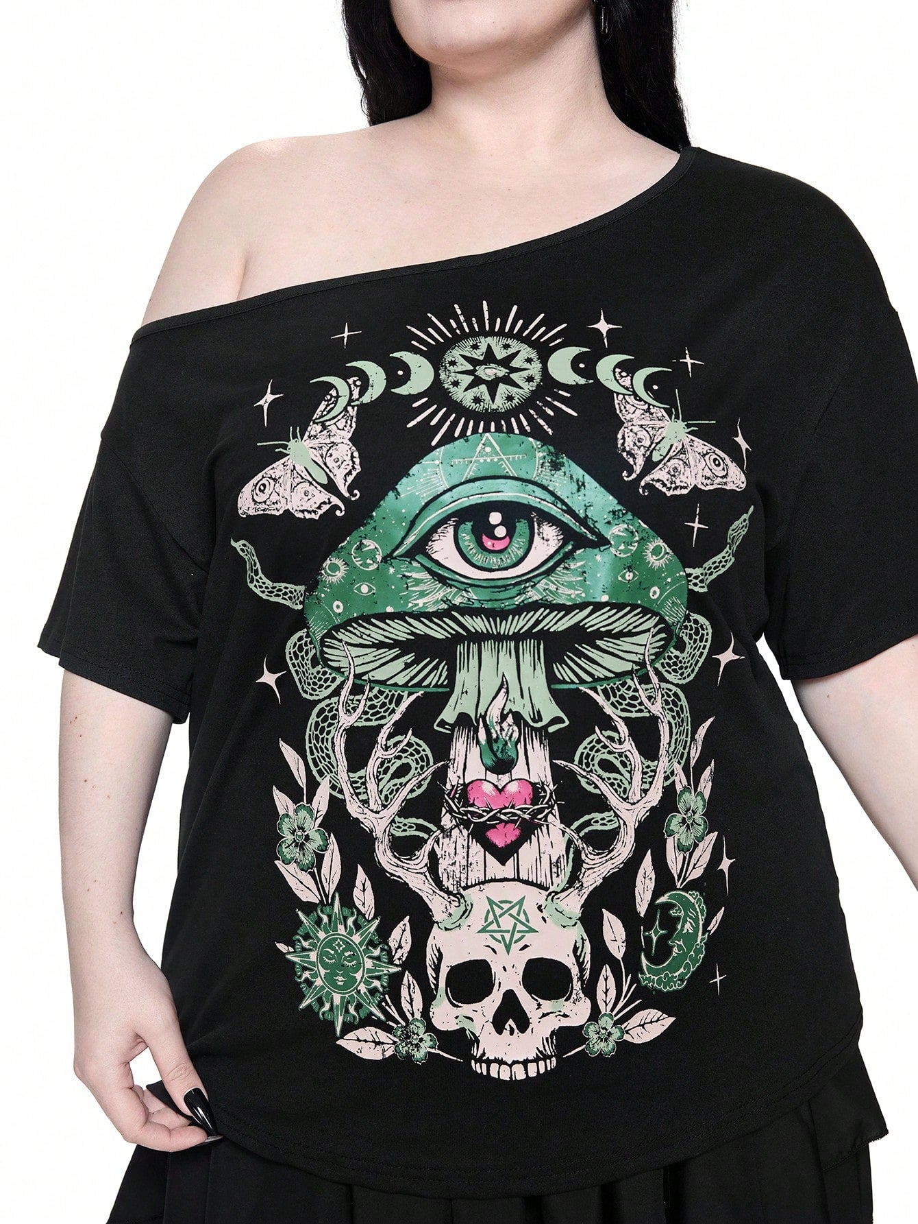 ROMWE Goth Spring/Summer Plus Size Women Plus Size Distressed Mushroom Skull Eye Print One Shoulder T-Shirt