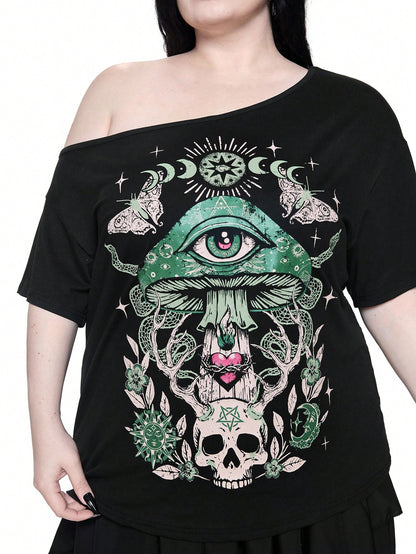 ROMWE Goth Spring/Summer Plus Size Women Plus Size Distressed Mushroom Skull Eye Print One Shoulder T-Shirt