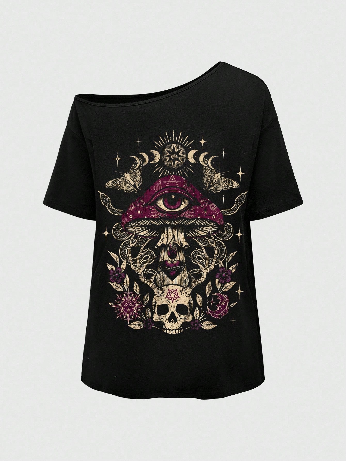 ROMWE Goth Spring/Summer Plus Size Women Plus Size Distressed Mushroom Skull Eye Print One Shoulder T-Shirt