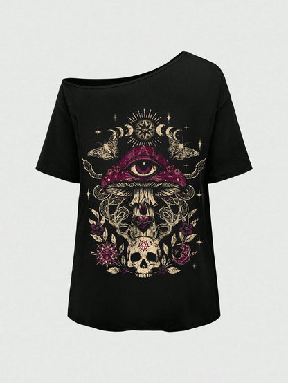 ROMWE Goth Spring/Summer Plus Size Women Plus Size Distressed Mushroom Skull Eye Print One Shoulder T-Shirt