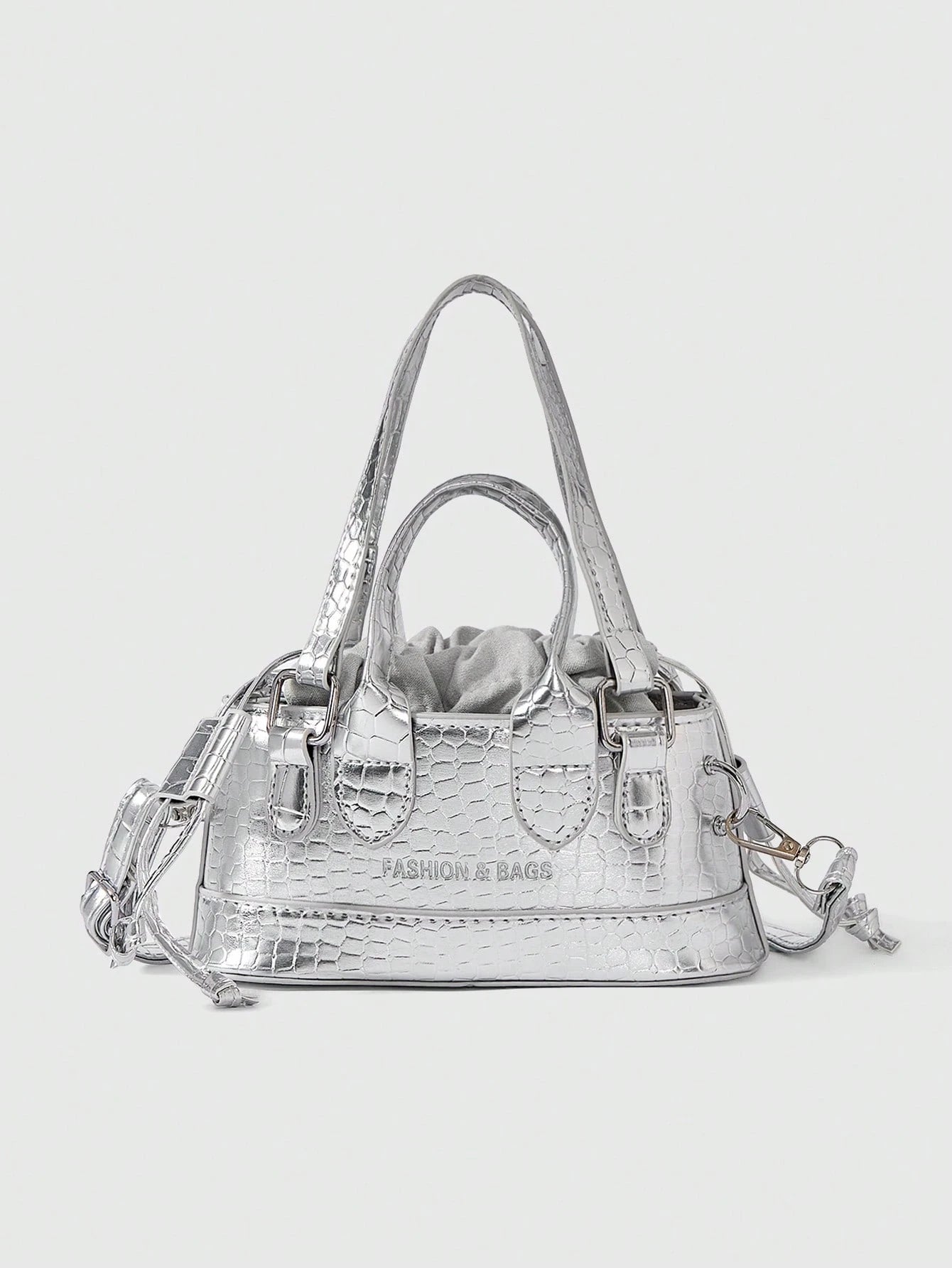 ROMWE Grunge Punk Lightweight,Business Casual Mini Metallic Crocodile Embossed Drawstring Design Novelty Bag For Teen Girls Women College Students,Rookies & White-Collar Workers Perfect For Office,Col