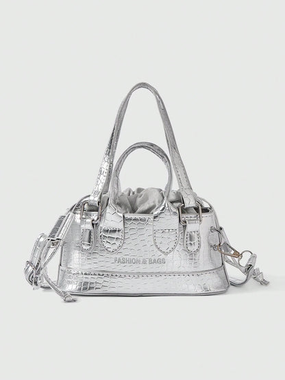 ROMWE Grunge Punk Lightweight,Business Casual Mini Metallic Crocodile Embossed Drawstring Design Novelty Bag For Teen Girls Women College Students,Rookies & White-Collar Workers Perfect For Office,Col