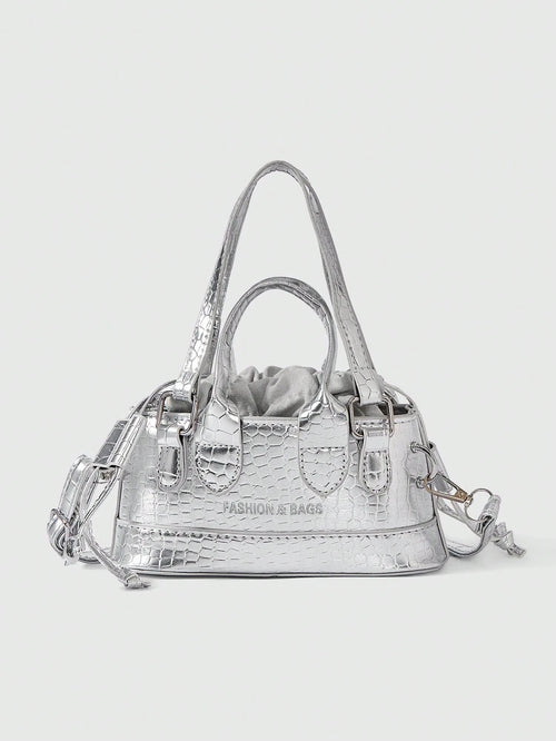 ROMWE Grunge Punk Lightweight,Business Casual Mini Metallic Crocodile Embossed Drawstring Design Novelty Bag For Teen Girls Women College Students,Rookies & White-Collar Workers Perfect For Office,Col