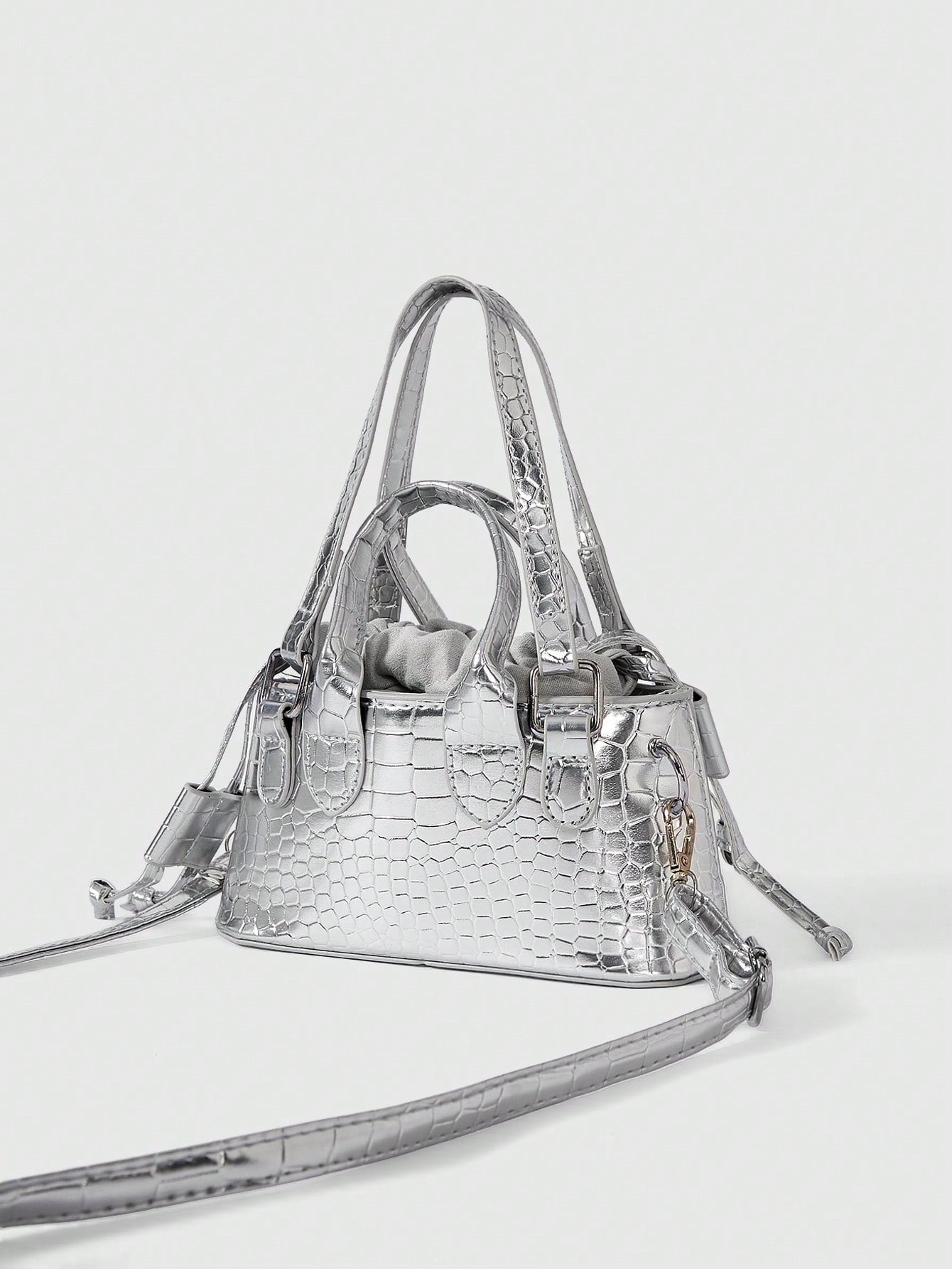 ROMWE Grunge Punk Lightweight,Business Casual Mini Metallic Crocodile Embossed Drawstring Design Novelty Bag For Teen Girls Women College Students,Rookies & White-Collar Workers Perfect For Office,Col