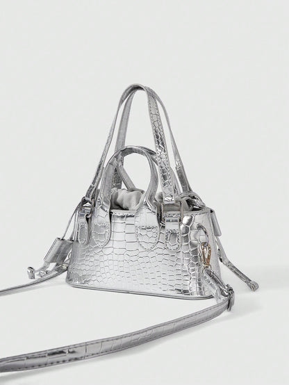 ROMWE Grunge Punk Lightweight,Business Casual Mini Metallic Crocodile Embossed Drawstring Design Novelty Bag For Teen Girls Women College Students,Rookies & White-Collar Workers Perfect For Office,Col