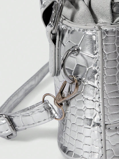 ROMWE Grunge Punk Lightweight,Business Casual Mini Metallic Crocodile Embossed Drawstring Design Novelty Bag For Teen Girls Women College Students,Rookies & White-Collar Workers Perfect For Office,Col