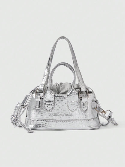 ROMWE Grunge Punk Lightweight,Business Casual Mini Metallic Crocodile Embossed Drawstring Design Novelty Bag For Teen Girls Women College Students,Rookies & White-Collar Workers Perfect For Office,Col