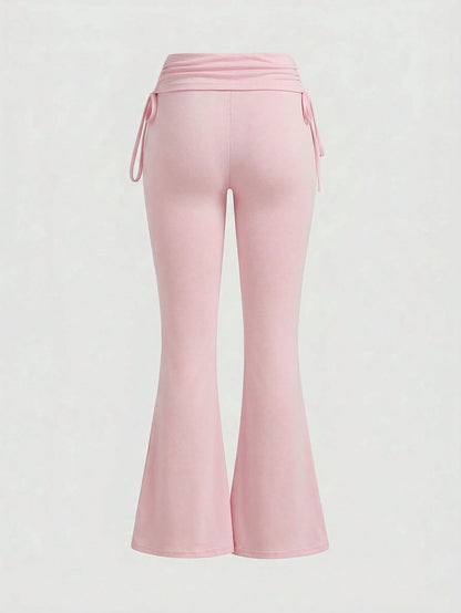 ROMWE Grunge Punk Versatile Black Drawstring Flare Leg Pants For Women
