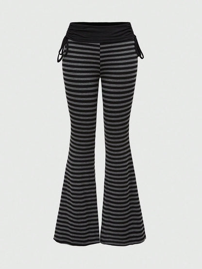 ROMWE Grunge Punk Versatile Black Drawstring Flare Leg Pants For Women