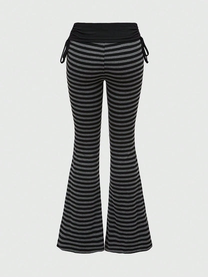 ROMWE Grunge Punk Versatile Black Drawstring Flare Leg Pants For Women