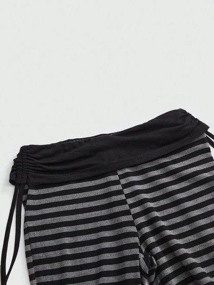 ROMWE Grunge Punk Versatile Black Drawstring Flare Leg Pants For Women