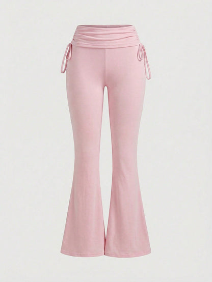 ROMWE Grunge Punk Versatile Black Drawstring Flare Leg Pants For Women