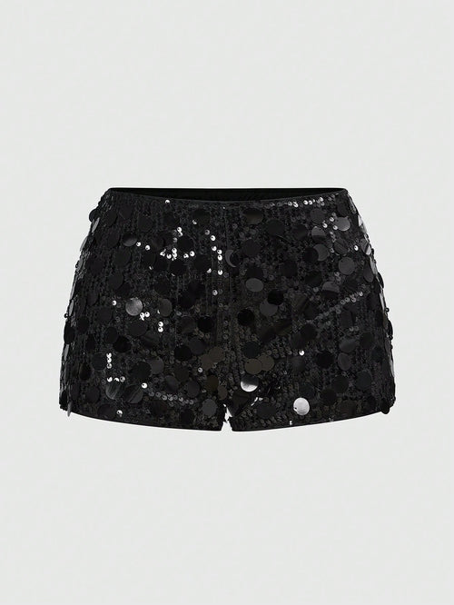 ROMWE Grunge Punk Women Carnival Party Black Glitter Sequin Sexy Low Waist Stretchy Mini Shorts