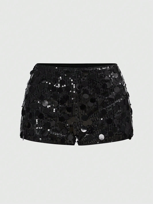ROMWE Grunge Punk Women Carnival Party Black Glitter Sequin Sexy Low Waist Stretchy Mini Shorts