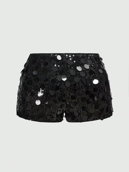 ROMWE Grunge Punk Women Carnival Party Black Glitter Sequin Sexy Low Waist Stretchy Mini Shorts