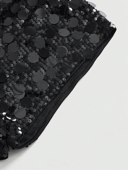 ROMWE Grunge Punk Women Carnival Party Black Glitter Sequin Sexy Low Waist Stretchy Mini Shorts