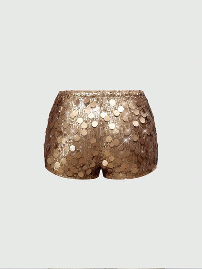 ROMWE Grunge Punk Women Carnival Party Black Glitter Sequin Sexy Low Waist Stretchy Mini Shorts