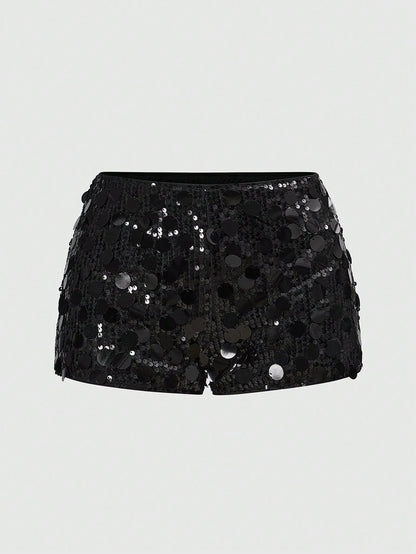 ROMWE Grunge Punk Women Carnival Party Black Glitter Sequin Sexy Low Waist Stretchy Mini Shorts