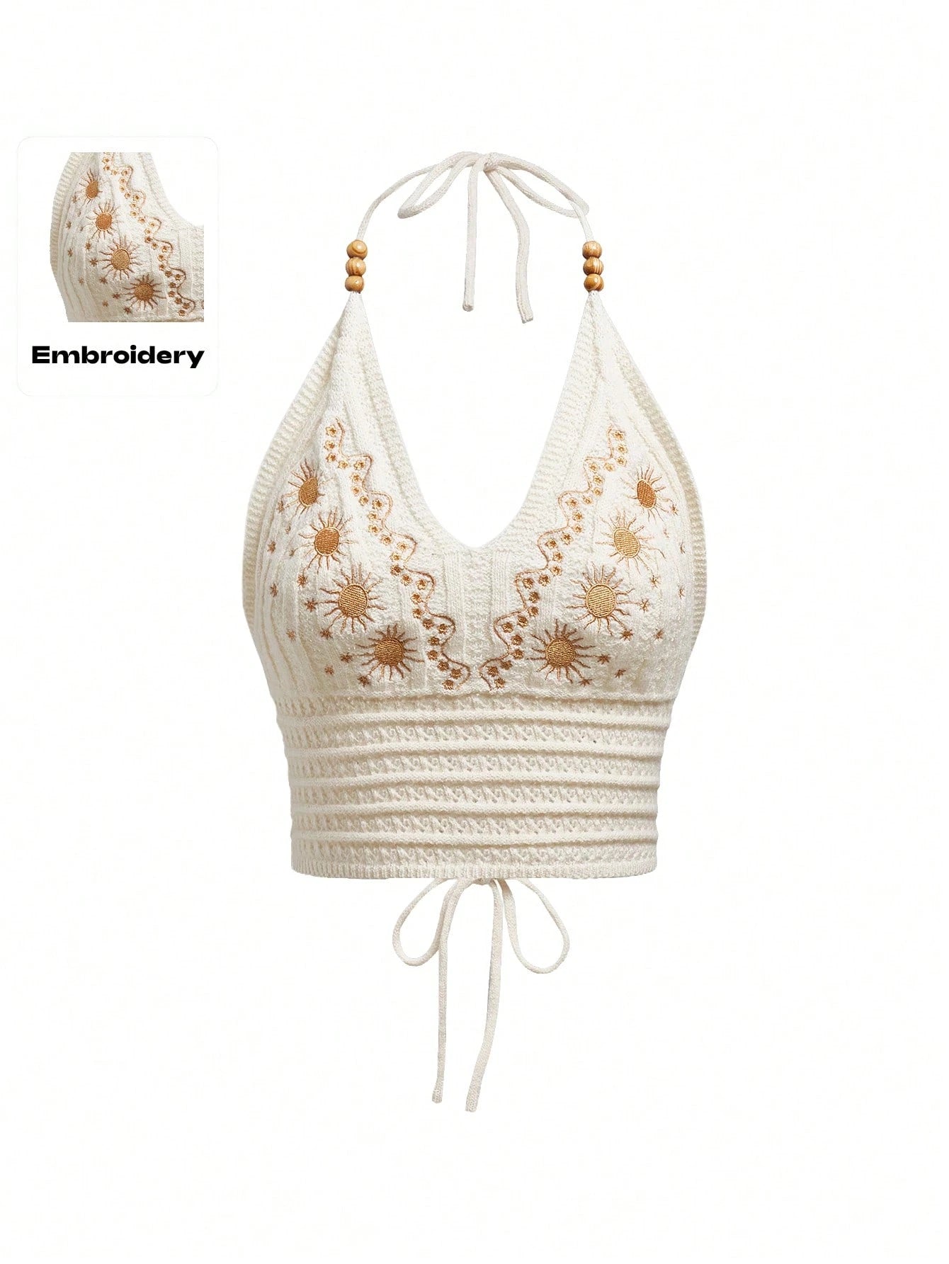 ROMWE Hippie Summer Embroidered Cross Strap Backless Halter Crochet Knit Top