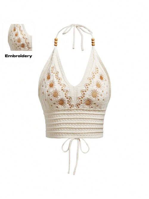 ROMWE Hippie Summer Embroidered Cross Strap Backless Halter Crochet Knit Top
