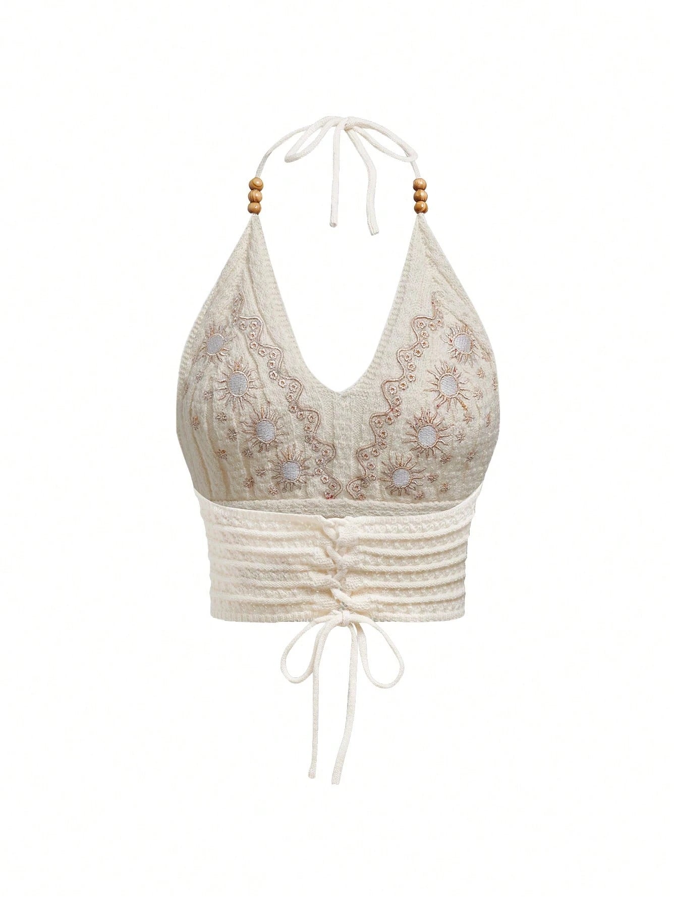 ROMWE Hippie Summer Embroidered Cross Strap Backless Halter Crochet Knit Top