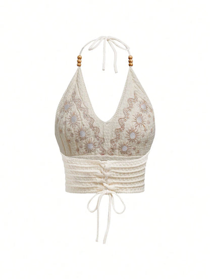 ROMWE Hippie Summer Embroidered Cross Strap Backless Halter Crochet Knit Top