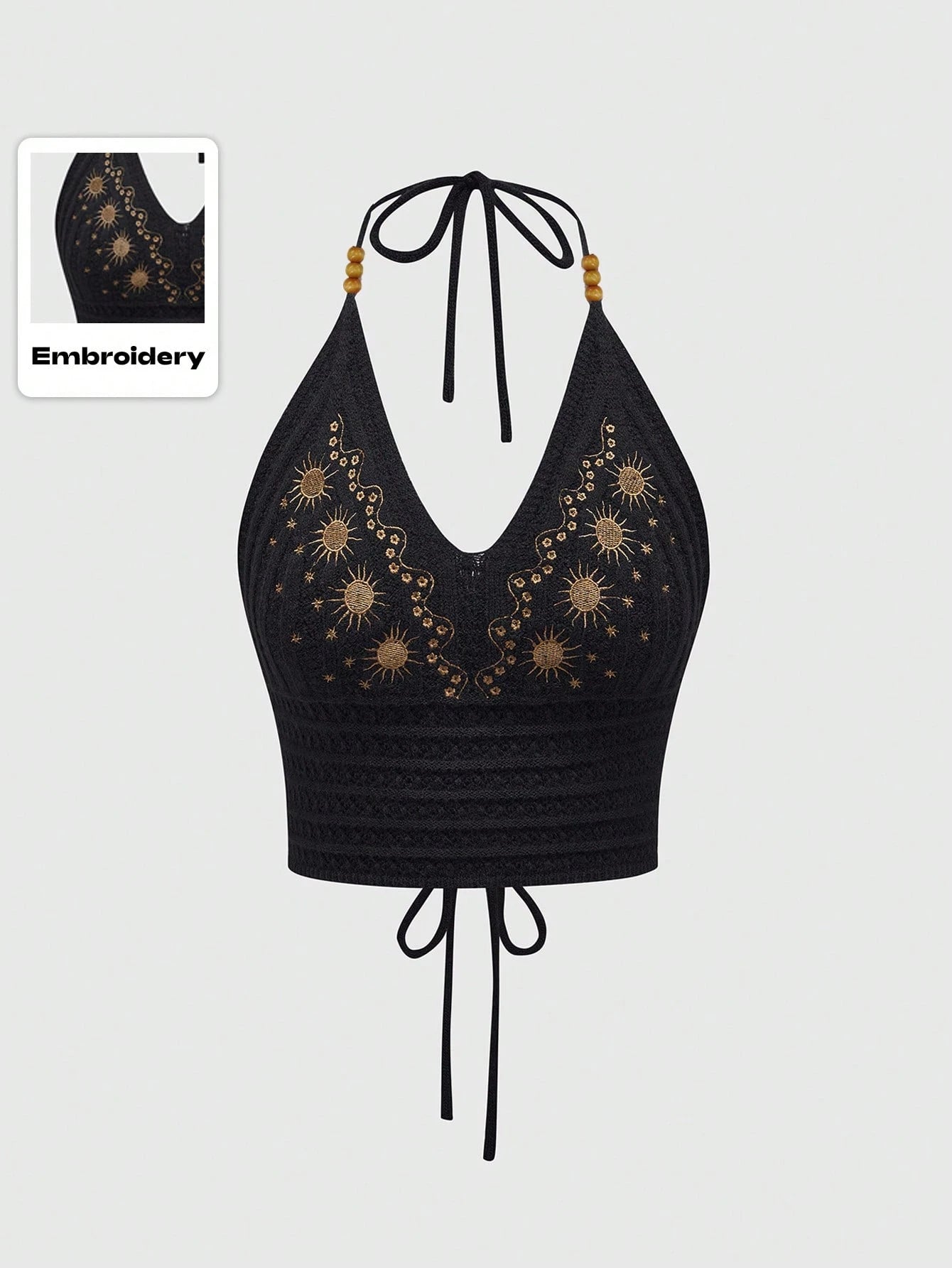 ROMWE Hippie Summer Embroidered Cross Strap Backless Halter Crochet Knit Top
