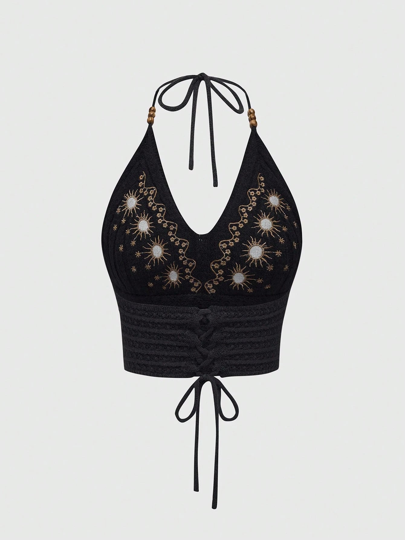 ROMWE Hippie Summer Embroidered Cross Strap Backless Halter Crochet Knit Top