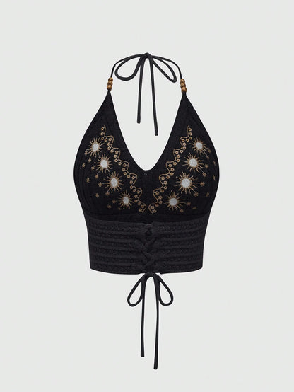 ROMWE Hippie Summer Embroidered Cross Strap Backless Halter Crochet Knit Top