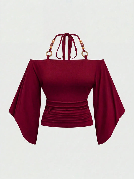 ROMWE Hippie Vintage Loose Halterneck Wooden Bead Decor Halter Neck Batwing Sleeve Plus Size Women's T-Shirt