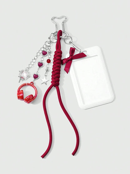 ROMWE Kawaii 1 New High-End Fashion, Sweet And Cool, Simple And Versatile College Style, Silver Love Chain, Resin Love Star Flash Diamond, Butterfly Liquid Seal Heart, Red Earphone Headset, Hand-Woven