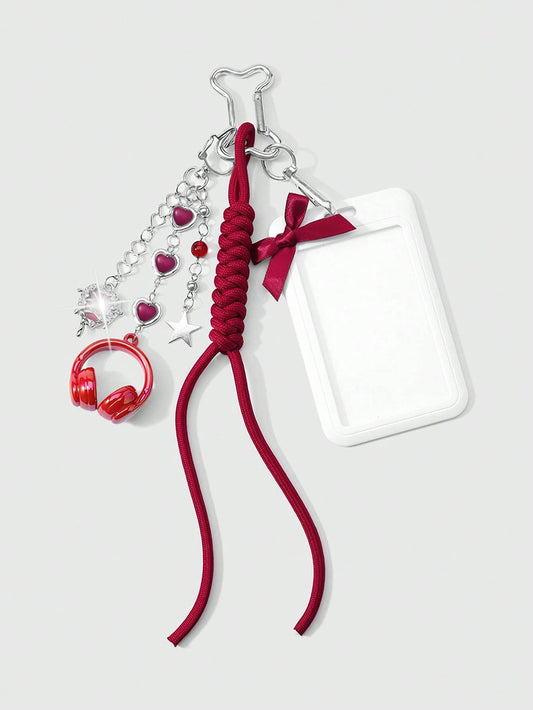 ROMWE Kawaii 1 New High-End Fashion, Sweet And Cool, Simple And Versatile College Style, Silver Love Chain, Resin Love Star Flash Diamond, Butterfly Liquid Seal Heart, Red Earphone Headset, Hand-Woven