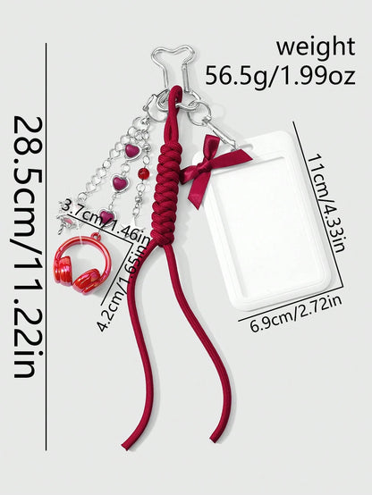 ROMWE Kawaii 1 New High-End Fashion, Sweet And Cool, Simple And Versatile College Style, Silver Love Chain, Resin Love Star Flash Diamond, Butterfly Liquid Seal Heart, Red Earphone Headset, Hand-Woven