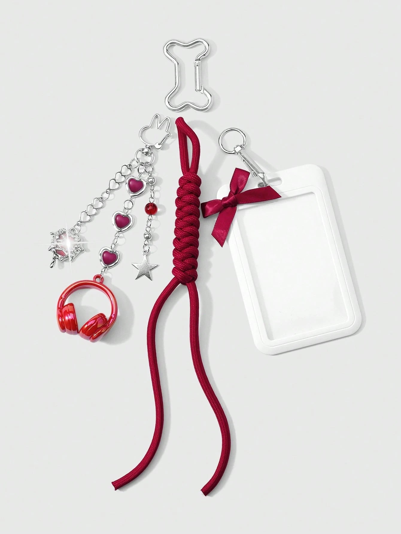 ROMWE Kawaii 1 New High-End Fashion, Sweet And Cool, Simple And Versatile College Style, Silver Love Chain, Resin Love Star Flash Diamond, Butterfly Liquid Seal Heart, Red Earphone Headset, Hand-Woven