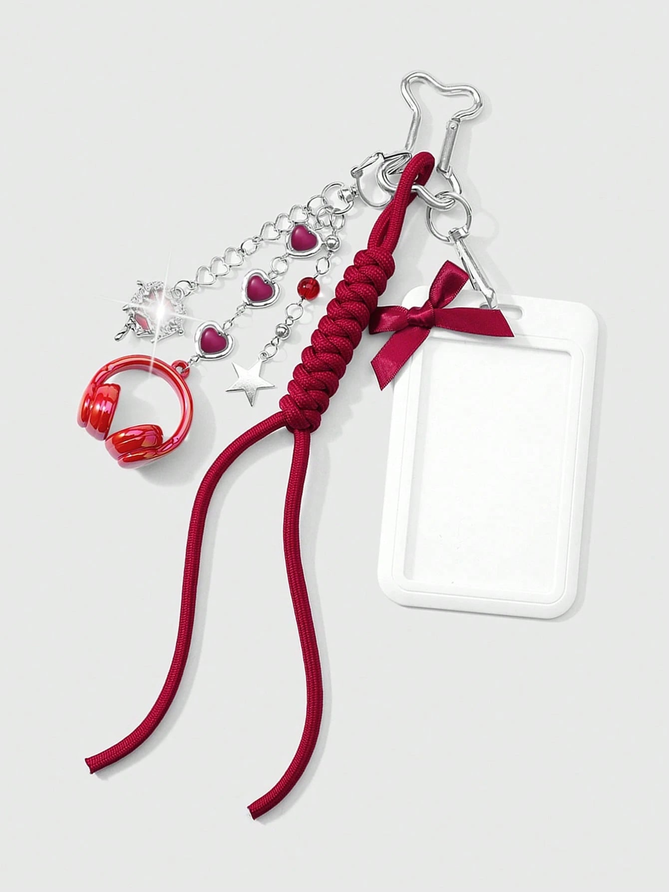 ROMWE Kawaii 1 New High-End Fashion, Sweet And Cool, Simple And Versatile College Style, Silver Love Chain, Resin Love Star Flash Diamond, Butterfly Liquid Seal Heart, Red Earphone Headset, Hand-Woven