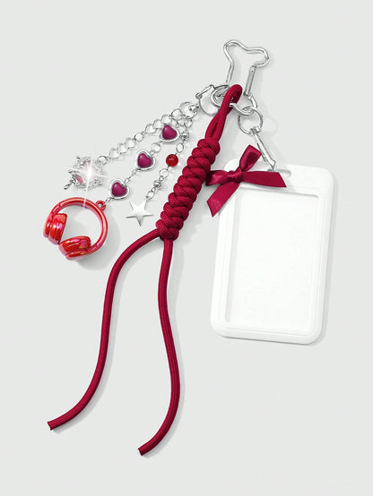ROMWE Kawaii 1 New High-End Fashion, Sweet And Cool, Simple And Versatile College Style, Silver Love Chain, Resin Love Star Flash Diamond, Butterfly Liquid Seal Heart, Red Earphone Headset, Hand-Woven