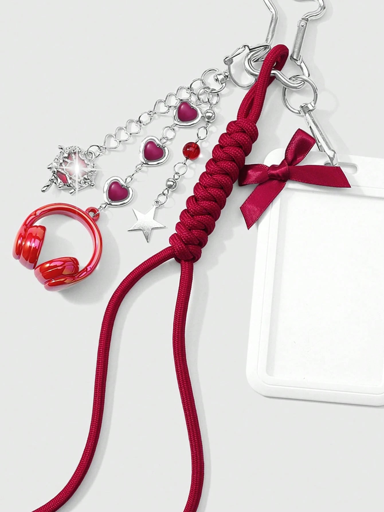ROMWE Kawaii 1 New High-End Fashion, Sweet And Cool, Simple And Versatile College Style, Silver Love Chain, Resin Love Star Flash Diamond, Butterfly Liquid Seal Heart, Red Earphone Headset, Hand-Woven