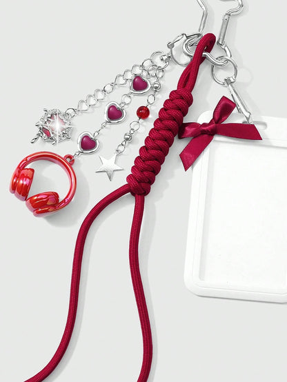 ROMWE Kawaii 1 New High-End Fashion, Sweet And Cool, Simple And Versatile College Style, Silver Love Chain, Resin Love Star Flash Diamond, Butterfly Liquid Seal Heart, Red Earphone Headset, Hand-Woven