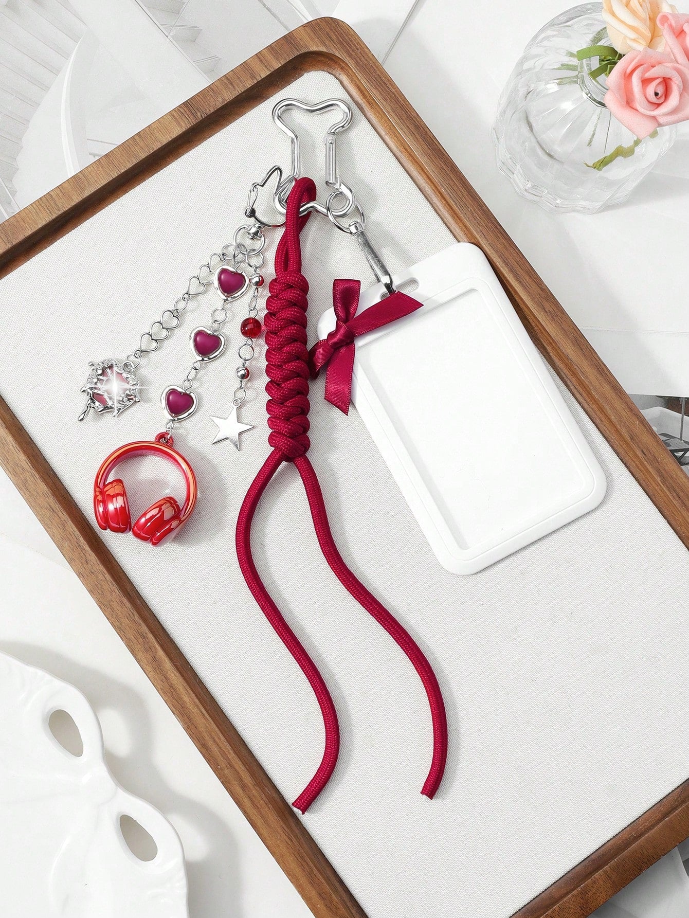 ROMWE Kawaii 1 New High-End Fashion, Sweet And Cool, Simple And Versatile College Style, Silver Love Chain, Resin Love Star Flash Diamond, Butterfly Liquid Seal Heart, Red Earphone Headset, Hand-Woven