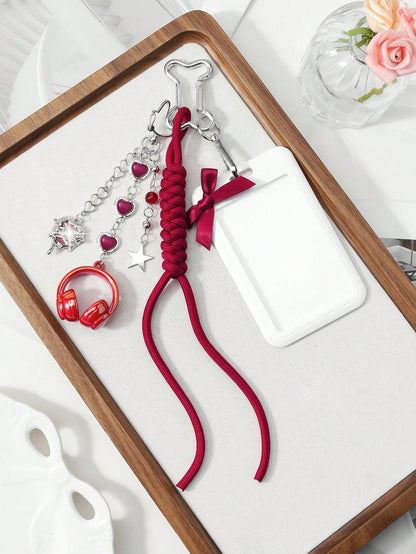 ROMWE Kawaii 1 New High-End Fashion, Sweet And Cool, Simple And Versatile College Style, Silver Love Chain, Resin Love Star Flash Diamond, Butterfly Liquid Seal Heart, Red Earphone Headset, Hand-Woven
