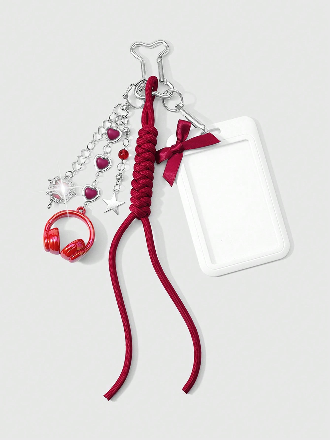 ROMWE Kawaii 1 New High-End Fashion, Sweet And Cool, Simple And Versatile College Style, Silver Love Chain, Resin Love Star Flash Diamond, Butterfly Liquid Seal Heart, Red Earphone Headset, Hand-Woven