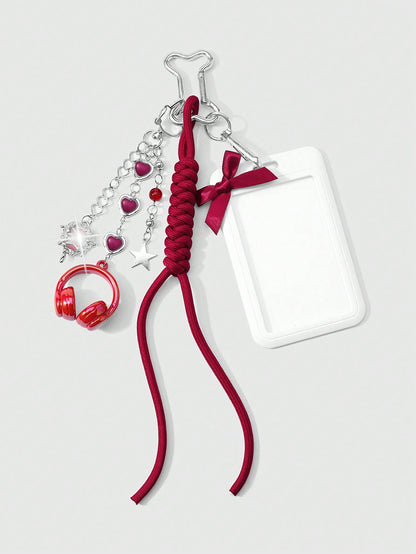 ROMWE Kawaii 1 New High-End Fashion, Sweet And Cool, Simple And Versatile College Style, Silver Love Chain, Resin Love Star Flash Diamond, Butterfly Liquid Seal Heart, Red Earphone Headset, Hand-Woven