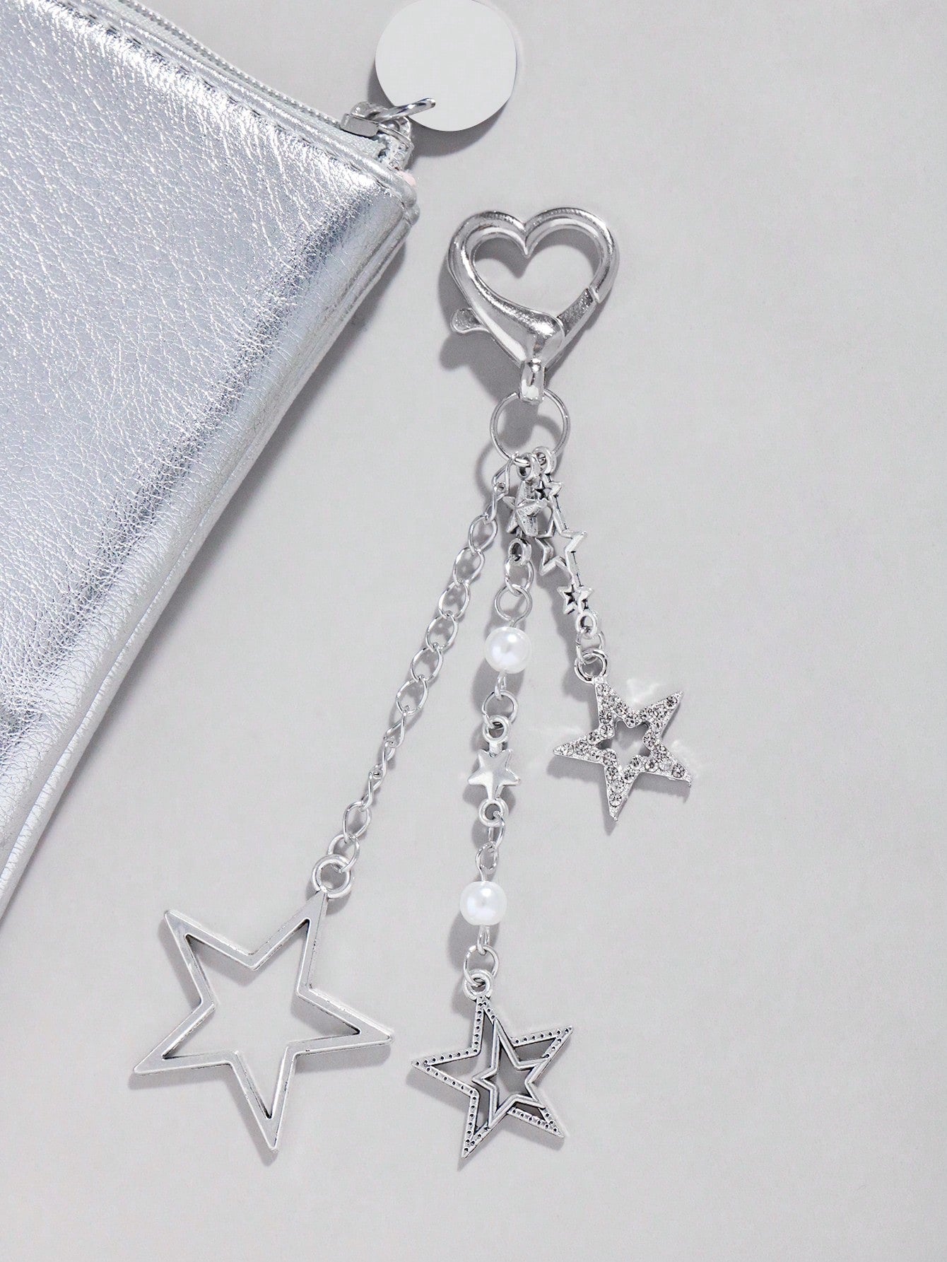 ROMWE Kawaii 1pc Silver Rhinestone & Pearl Embellished Star Pendant Bag Charm Keychain, Simple & Stylish Gift For Women