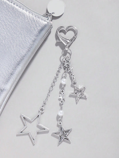 ROMWE Kawaii 1pc Silver Rhinestone & Pearl Embellished Star Pendant Bag Charm Keychain, Simple & Stylish Gift For Women